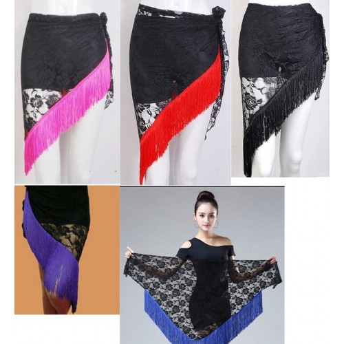 Wholesale Lace Fringe latin Skirt for women girls red black blue green purple patchwork rose lace practice rumba chacha salsa dance wrap skirt